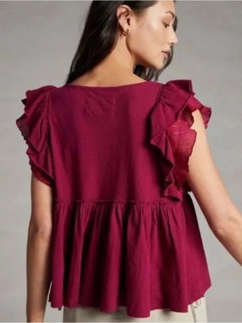 Anthropologie Caroline Ruffled Babydoll Top. Size XS. Color Raspberry. - Picture 2 of 9